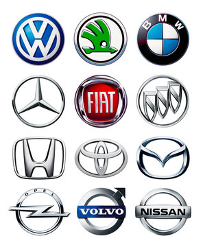 Kiev, Ukraine - March 01, 2016: Collection of popular car logos printed on white paper: Volkswagen,Honda, Toyota, Volvo, Nissan, Mazda, BMW, Fiat, Opel,Skoda.