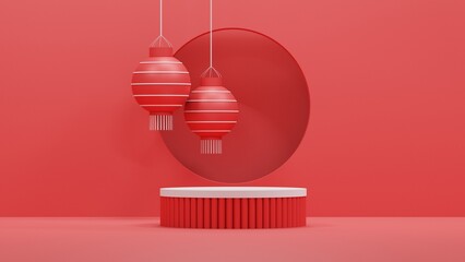 White empty podium with Hanging Red lantern for Lunar New Year, Oriental Asian style on red minimal background. 3D Rendering © Cond.STD