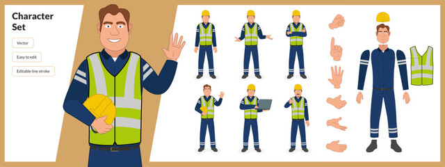 Illustration of construction maintenance emergency worker in a set of multiple poses. Easy to edit with editable line strokes and isolated on white background. Suitable for animation.