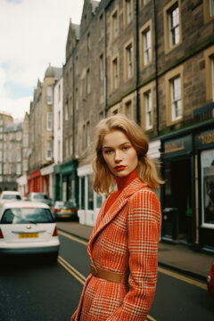 portrait of a woman/model/actress/book character in a city setting resembling edinburgh scotland in a fashion/beauty editorial magazine style film photography look - generative ai art