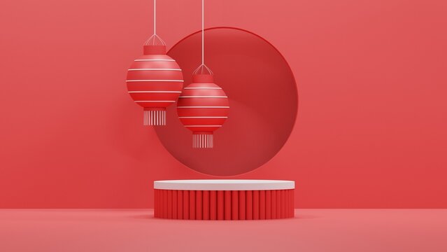 White empty podium with Hanging Red lantern for Lunar New Year, Oriental Asian style on red minimal background. 3D Rendering