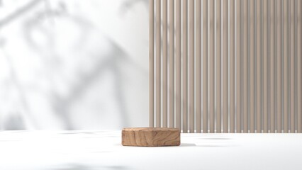 minimal modern wooden podium with leaf shadow on concrete wall background for beauty, organic, product display