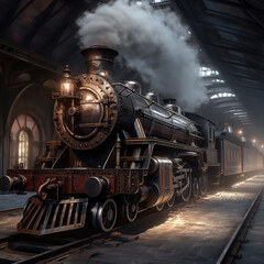 Naklejka premium Hyper Realistic hogwarts train station 9 3/ 4, smoke, front view, construction, intricate details, hyperdetailed, 8 k, sharp focus, defined