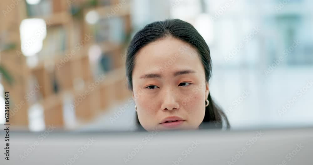 Poster face, computer and research with a business asian woman reading information online while working in 