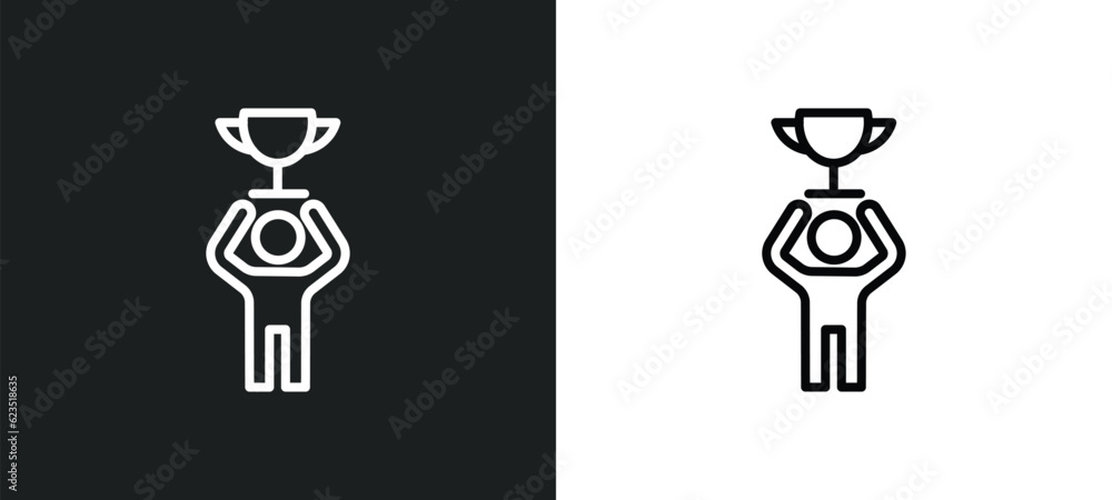 Poster man with trophy icon isolated in white and black colors. man with trophy outline vector icon from ed