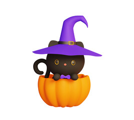 3D rendering cute black cat wearing purple witch hat in cut pumpkin, isolated on transparent background. Decoration item for Halloween theme. PNG file.