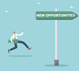 Innovation and business planning to achieve great success, progress and improvement on the way to achieve goals, creative motivation for career growth, man runs on the pointer to new opportunities.