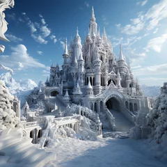 A magical ice and snowy castle with fantasy design. The tallest tower in the middle and a path that leads directly to the main entrance of the palace.  © Aisyaqilumar
