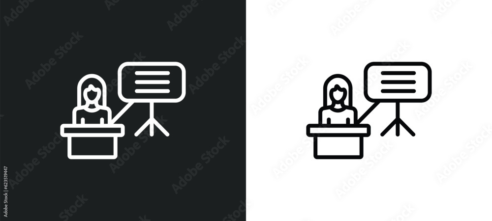 Poster teacher giving lecture icon isolated in white and black colors. teacher giving lecture outline vecto