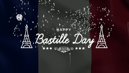 Happy Bastille Day Lettering Text Animation on green Background with french flag. Great for Celebrations, Ceremonies, Festivals, greetings, and banners. Happy Bastille day 14th of july