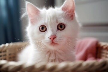 Fototapeta premium Cute young white kitten in a basket. Generated ai.