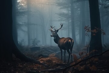 Lonley deer in a foggy dark forest. Generated ai.
