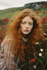 Naklejka premium portrait of a woman/model/book character with Scottish features red curly hair in nature meadow highlands in a fashion/beauty editorial magazine style film photography look - generative ai art