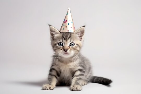 Cute fluffy tabby kitten in a party hat on a light grey background. Generated ai.