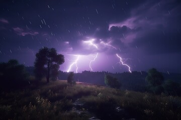 Dark night thunderstorm over a field in the forest. Generated ai.