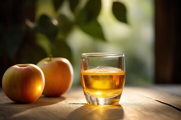 Glass of a fresh tasty apple juice on a white wooden table with apples and leaves on a background. Generated ai.