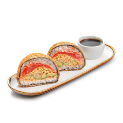 sushi burger made from rice and smoked salmon, avocado, light cheese and nori.