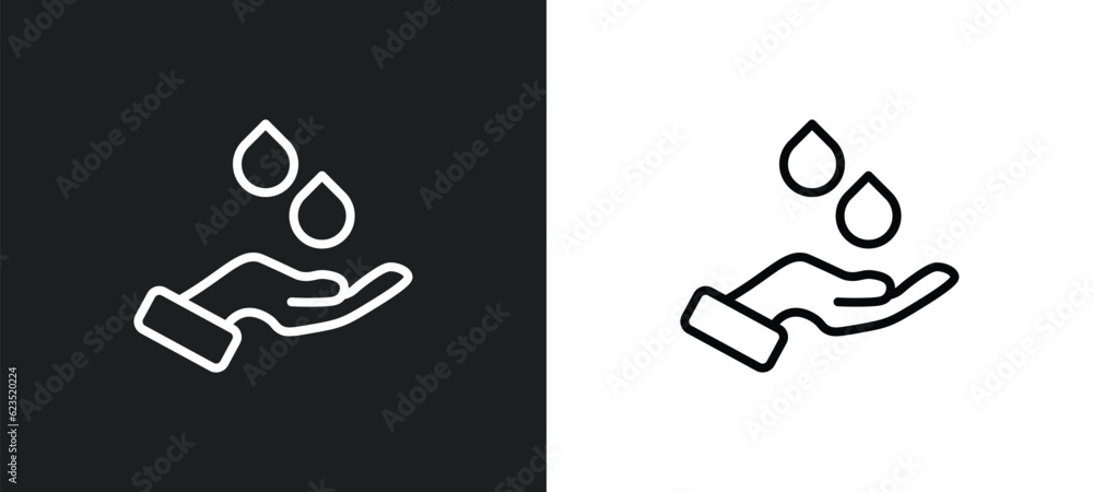 Poster raindrop on a hand icon isolated in white and black colors. raindrop on a hand outline vector icon f