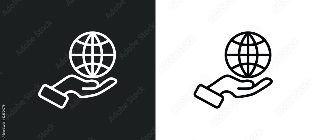 Poster globe on hand icon isolated in white and black colors. globe on hand outline vector icon from ecolog