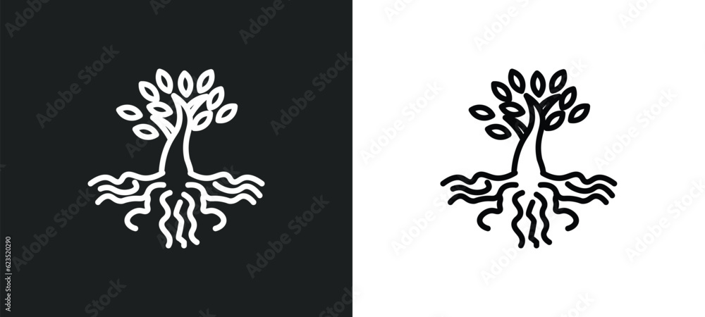 Poster tree and roots icon isolated in white and black colors. tree and roots outline vector icon from ecol