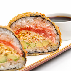 sushi burger made from rice and smoked salmon, avocado, light cheese and nori.