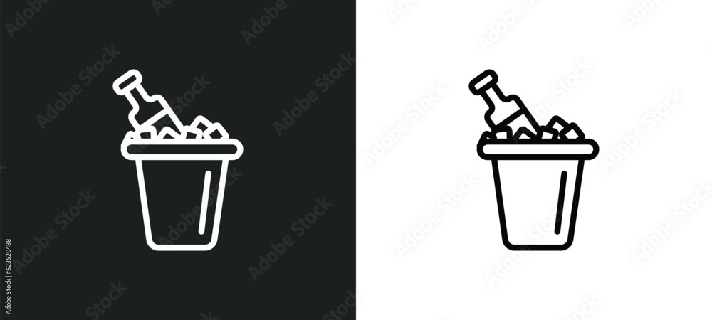 Poster ice bucket and bottle icon isolated in white and black colors. ice bucket and bottle outline vector 