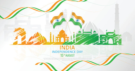 15 th August Indian Independence Day banner template design with Indian flag, Ashoka Chakra and silhouette of Indian monument.