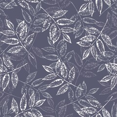 Seamless pattern with leaves. White and gray textured silhouettes of leaf branches on a dark blue background. Print for fabric, packaging, cover. Natural design.