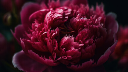 Vibrant deep pink petals at centre of peony flower. 
 Generative AI