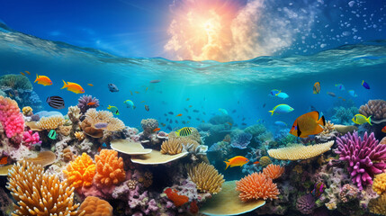 Fototapeta na wymiar A stunning underwater image of a coral reef teeming with vibrant marine life, showcasing the wonders of the ocean Generative AI