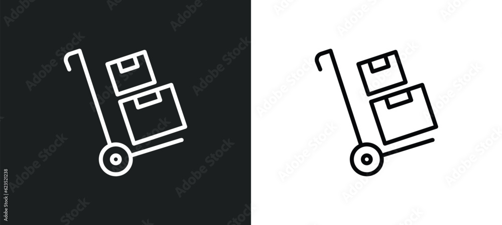 Poster package on trolley icon isolated in white and black colors. package on trolley outline vector icon f