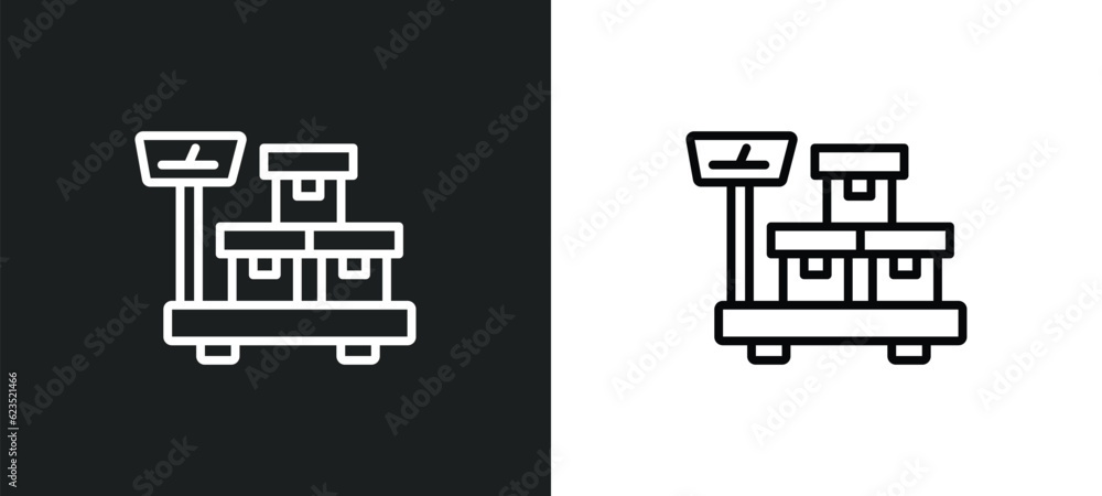 Poster delivery weighing icon isolated in white and black colors. delivery weighing outline vector icon fro
