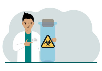 A male doctor or scientist is holding a test tube with a biohazard or virus warning label on it. Biological hazard.