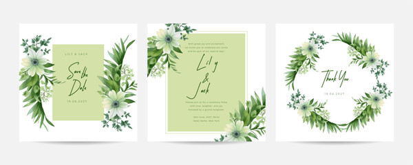 Wedding invitation card template set with white jasmine floral and watercolor background. Garden theme wedding card invitation.