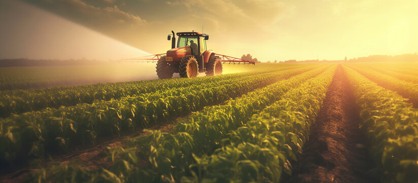 Tractor spraying soybean field in sunset.