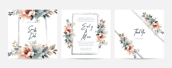 Wedding invitation template with watercolor nude roses flower set. Romantic style vector illustration design.
