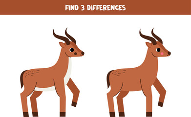 Find three differences between two pictures of cute antelope. Game for kids.