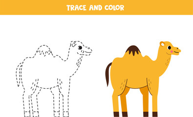 Trace and color cartoon yellow camel. Worksheet for children.