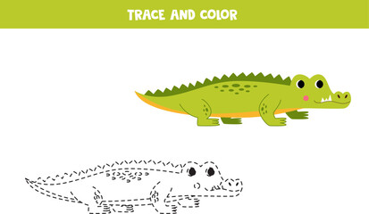 Trace and color cartoon green crocodile. Worksheet for children.