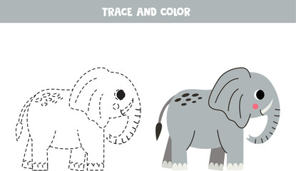 Trace and color cartoon gray elephant. Worksheet for children.