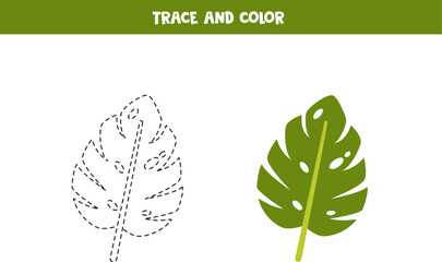 Trace and color cartoon tropical leaf. Worksheet for children.