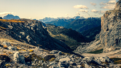 Falzarego Pass in the Dolomites. Mountains in the sun.