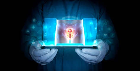 Fotobehang Male reproductive system. Erectile dysfunction, priapism, Peyronie's disease, orchitis, varicocele, hydrocele. Doctor with tablet shows x-ray of male member on dark background © Tom