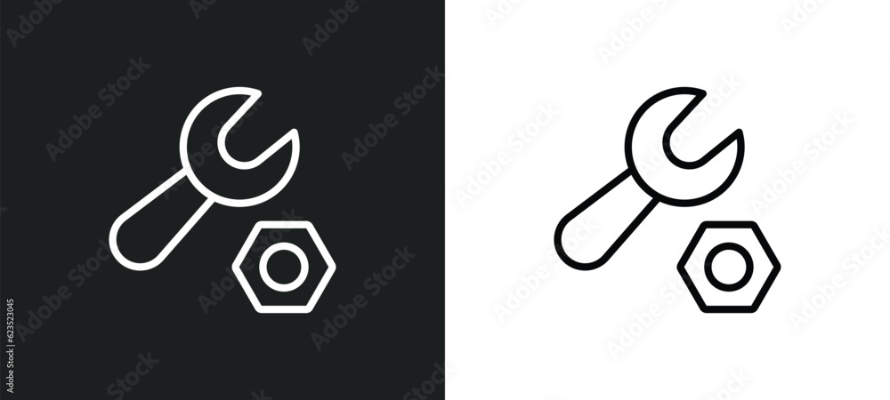 Poster wrench and nut icon isolated in white and black colors. wrench and nut outline vector icon from cons