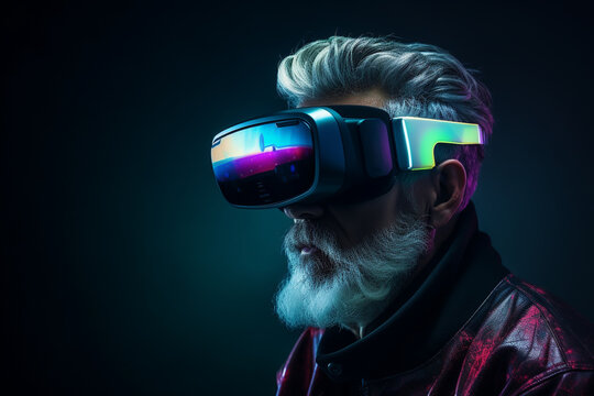 Senior Man Using a VR Virtual Reality Headset Glasses for Gaming and Education 
