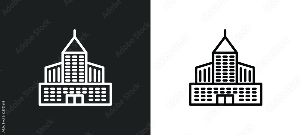 Poster big building icon isolated in white and black colors. big building outline vector icon from construc