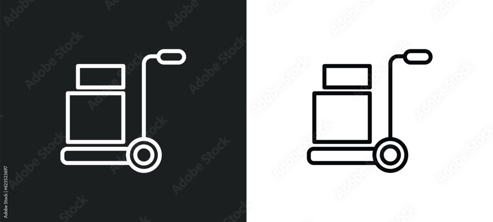 Poster trolley with cargo icon isolated in white and black colors. trolley with cargo outline vector icon f