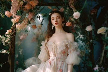 portrait of a woman/model/book character in a royal princess/fairy dress in floral setting in a fashion/beauty editorial magazine style film photography look 
