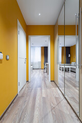 hallway with wardrobe mirror wall and yellow wall
