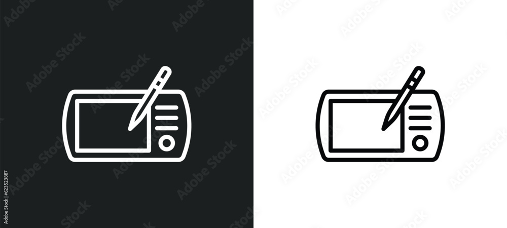 Poster tablet tool icon isolated in white and black colors. tablet tool outline vector icon from computer c